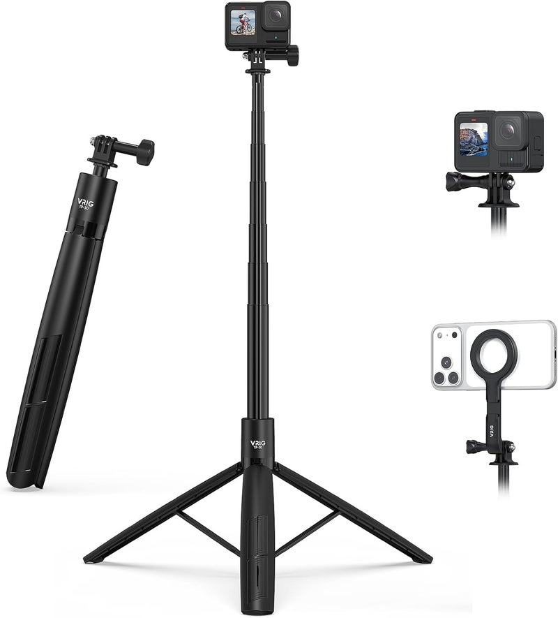 VRIG 74" Action Camera Selfie Stick Tripod, TP-31 Extendable Tripod Stand with 1/4" Screw, Go Pro Adapter and Magnetic Phone Mount, Compatible with iPhone/DJI Osmo Action 5 Pro/Insta 360 X5 - Image 1